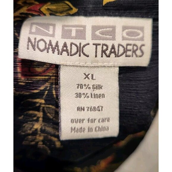 Nomadic Traders Silk Linen Blend Button Up Top Black Red Gold Floral Sz XL - Picture 6 of 6